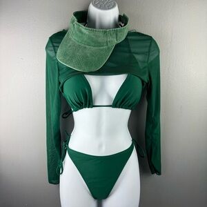 Cheeky 3 Pc Green Swimsuit Bikini with Matching Visor - Size Large